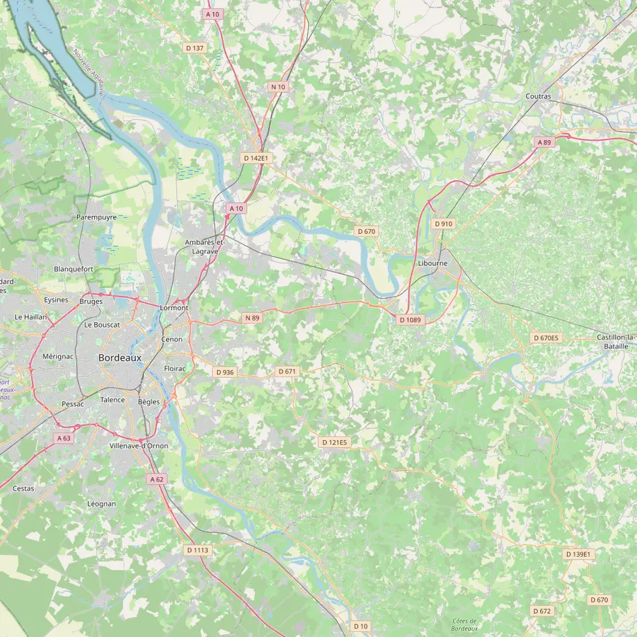 Map from central Bordeaux east across the Dordogne to Libourne and Saint-Émilion